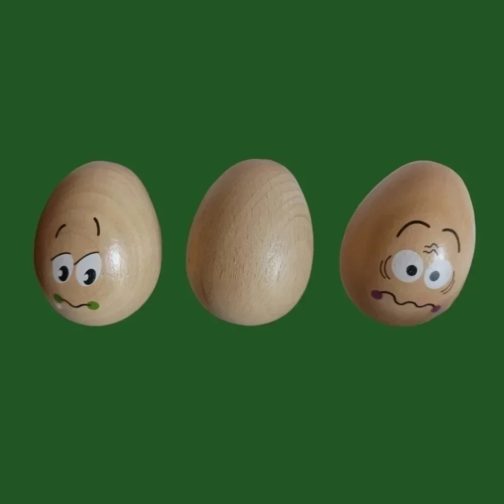 Chicken eggspression faces on wooden background set of 6